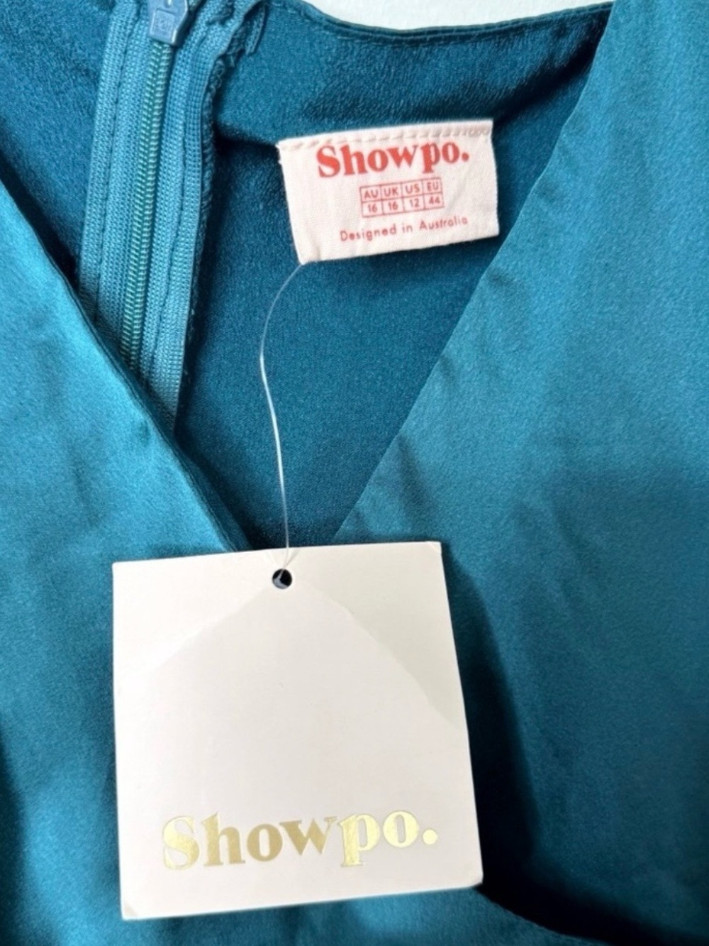 NWT SHOWPO | Cloud Cover Teal Satin Ruffle Mini Dress Sz. 12 Party Date Night - Picture 3 of 4